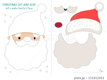 Lets make Santa Claus face cut and glue activity. Christmas educational crafting game with traditional winter character. Find missing parts. Vector New Year printable page for kids Lets make Santa Claus face cut and glue activity. Christmas educational crafting game with traditional winter character. Find missing parts. Vector New Year printable page for kids 131912931