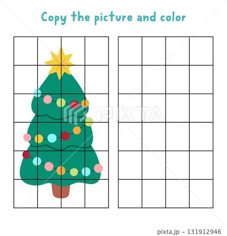 Copy the picture and color. Draw Christmas tree decorated with ornaments. Vector New Year, Christmas drawing and coloring practice worksheet. Printable winter holiday activity for kids Copy the picture and color. Draw Christmas tree decorated with ornaments. Vector New Year, Christmas drawing and coloring practice worksheet. Printable winter holiday activity for kids 131912946