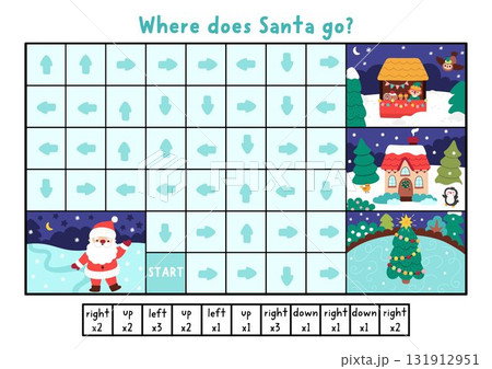 Christmas logic maze for kids with Santa and winter landscapes. New Year preschool printable activity. Labyrinth game or puzzle with left, right, up, down concept. Where is going Santa Claus 131912951