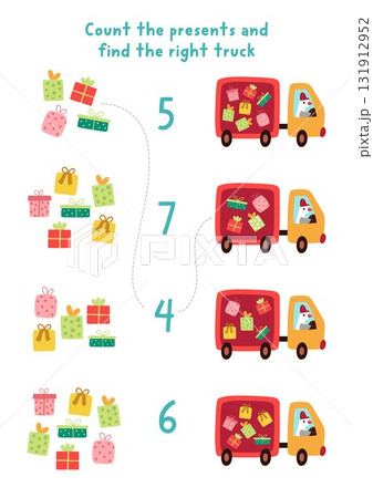 Match the numbers Christmas game with goose driver on a truck with presents. New Year math activity for preschool kids. Winter holiday educational counting worksheet with gifts and bird on car Match the numbers Christmas game with goose driver on a truck with presents. New Year math activity for preschool kids. Winter holiday educational counting worksheet with gifts and bird on car 131912952