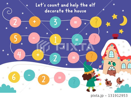 Counting preschool game with cute elf decorating house with ornaments. New Year math addition activity. Simple sums holiday printable worksheet for kids with winter night landscape Counting preschool game with cute elf decorating house with ornaments. New Year math addition activity. Simple sums holiday printable worksheet for kids with winter night landscape 131912953