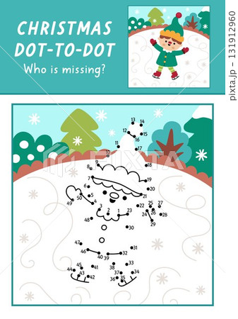 Christmas vector dot-to-dot and color activity with skating elf, colored winter snowy scene. New Year connect the dots game for children with cute boy. What is missing printable worksheet 131912960