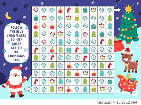 Christmas maze, seek and find game with winter snowy landscape. Attention skills puzzle. New Year printable activity. Logical searching puzzle. Follow snowflakes to help Santa get to tree 131912964