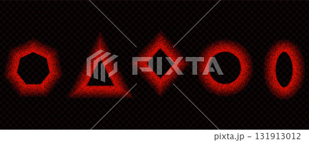 Chili pepper noise gradation geometric shapes set. Grainy textured red y2k frame elements. Triangle, rhombus and circle dotwork text boxes. Vector stickers forms. Grunge geometry callout figures 131913012