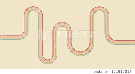 Groovy rainbow music line background. Wavy stripes vintage colors cover. Playful squiggle wave arch wall design. Vector retro beige wiggle ornament. Noisy grunge funky backdrop 131913017
