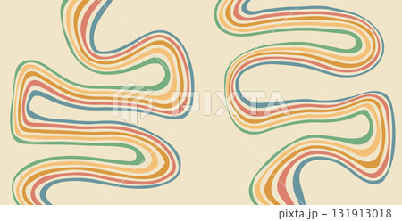 Groovy rainbow lines background. Wavy stripes vintage colors cover. Playful squiggle wave arch wall design. Vector retro beige wiggle ornament Groovy rainbow lines background. Wavy stripes vintage colors cover. Playful squiggle wave arch wall design. Vector retro beige wiggle ornament 131913018
