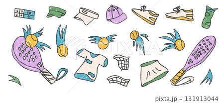 Padel tennis crayon female club elements set. Racket, ball, sport clothing hand drawn doodle isolated on white background. Scribble sport pack. Vector fitness and active hobby illustration by pencil Padel tennis crayon female club elements set. Racket, ball, sport clothing hand drawn doodle isolated on white background. Scribble sport pack. Vector fitness and active hobby illustration by pencil 131913044