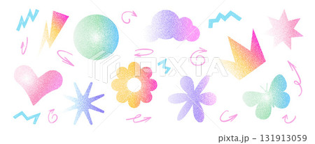 Grain gradient shapes background. Dots geometric figures set. Y2k retro heart and circle with flower forms. Colorful butterfly, crown icons. Trendy effect with stippling texture. Vector illustration 131913059