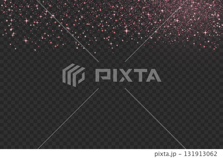 Rose gold glitter background. Shimmer pink golden spray effect for birthday celebration banners. Shiny confetti, stardust light texture. Festive particles on dark background. Vector illustration 131913062