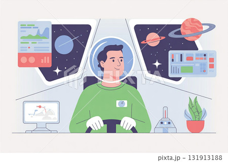 宇宙船内で操作する宇宙飛行士のイラスト 131913188