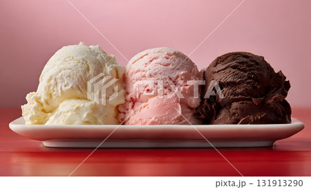 Classic flavors of vanilla, strawberry, chocolate pop with vibrant contrast against a striking pink and red backdrop. A gourmet and luxurious presentation for a sweet, irresistible summer.AI Generated 131913290