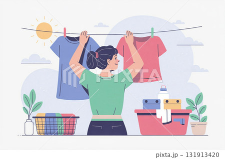 洗濯物を干す女性 131913420