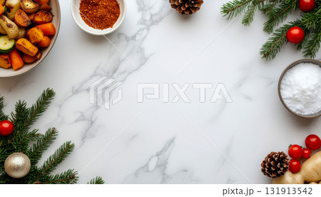 Christmas Cooking Background with Roasted Potatoes Pine Branches and Festive Decorations 131913542