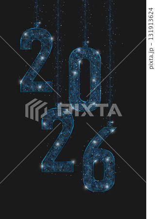 Abstract isolated blue image of new year number 2026. Polygonal low poly wireframe illustration looks like stars in the black night sky in space or flying glass shards. Digital web, internet design. 131913624