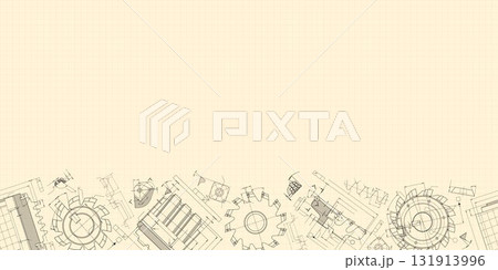 Mechanical engineering drawings on sepia background. Cutting tools, milling cutter. Technical Design. Cover. Blueprint. Horizontal seamless pattern. Vector illustration. Mechanical engineering drawings on sepia background. Cutting tools, milling cutter. Technical Design. Cover. Blueprint. Horizontal seamless pattern. Vector illustration. 131913996