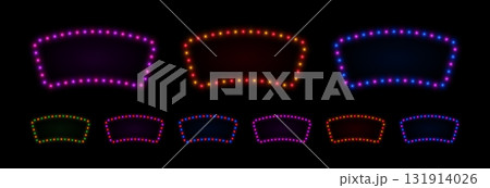 Rectangle frame with neon bulbs light. Glow retro lamps border for casino, circus or cinema. Vector set of blanks for design. 131914026