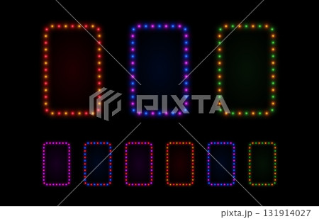 Light rectangle frame with neon bulbs. Lamp glow retro borders for cinema, circus and casino games presentation. Vector set in purple, green and blue. Light rectangle frame with neon bulbs. Lamp glow retro borders for cinema, circus and casino games presentation. Vector set in purple, green and blue. 131914027