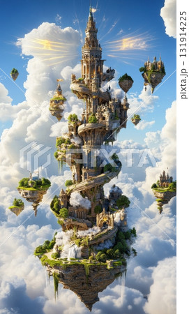 Magical tower surrounded by floating islands with lush greenery and waterfalls in a fantasy realm atmosphere Magical tower surrounded by floating islands with lush greenery and waterfalls in a fantasy realm atmosphere 131914225