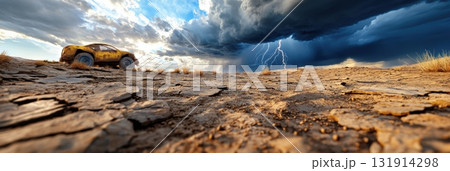 3d stormy desert plateau with lightning striking, cracked dry earth, and dramatic cloud formations 131914298