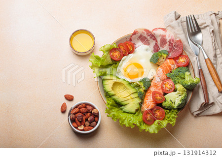 Balanced ketogenic diet meal with salmon, avocado, egg, bacon and vegetables on plate with cutlery top view on beige background, space for text Balanced ketogenic diet meal with salmon, avocado, egg, bacon and vegetables on plate with cutlery top view on beige background, space for text 131914312