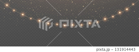 Christmas gold light background. Fairy bulb, banner. New Year luxury string garland. Winter party frame. Led neon line baubles. Festive border. Glow lamp bg. Glitter bright lamp. Vector illustration 131914443