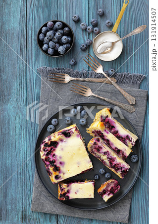 Finnish Blueberry pie cut in slices on a plate 131914507