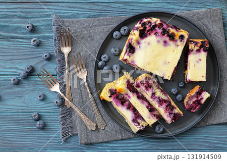 Finnish Blueberry pie cut in slices on a plate 131914509