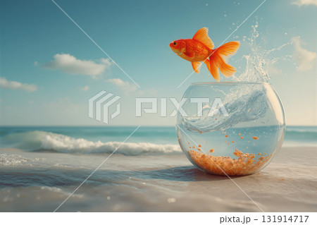 Goldfish leaps from bowl to ocean in a moment of freedom and adventure under a clear sky 131914717