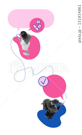 Collage of doctor and patient communicating online with pink chat bubbles and blue icons 131914861