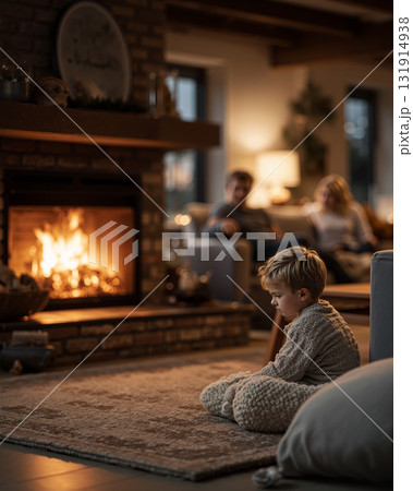 Child enjoys warmth while playing near a cozy fireplace in a welcoming living room during evening hours 131914938