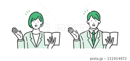 イラスト素材：スーツを着て説明する若い男女のセット 131914972