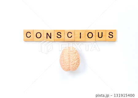 Conscious Mind Concept with Brain and Wooden Letter Tiles 131915400