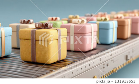 Pastel-colored gift boxes with ribbons move along a conveyor belt, symbolizing Christmas preparations, holiday production, shopping, and the delivery of holiday goods. 131915653