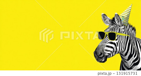 Zebra wearing party hat and sunglasses celebrating birthday event Zebra wearing party hat and sunglasses celebrating birthday event 131915731