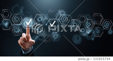 Hand touching virtual screen for quality check choosing solution Hand touching virtual screen for quality check choosing solution 131915734