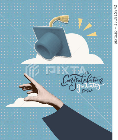 Vertical banner on the graduation theme in retro collage style. Hand with a halftone effect throw graduation hat into the air , in blue cloudy sky. Happy 2026 graduation day. Torn out paper vector Vertical banner on the graduation theme in retro collage style. Hand with a halftone effect throw graduation hat into the air , in blue cloudy sky. Happy 2026 graduation day. Torn out paper vector 131915842