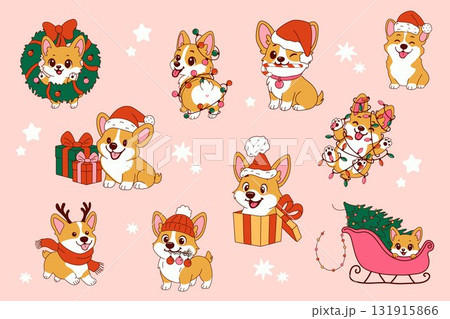 Cute corgi characters celebrating Christmas with gifts, decorations, and festive attire on a pink background Cute corgi characters celebrating Christmas with gifts, decorations, and festive attire on a pink background 131915866