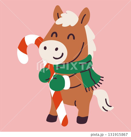 Cute cartoon horse holding a candy cane while wearing a warm scarf and mittens during a festive celebration Cute cartoon horse holding a candy cane while wearing a warm scarf and mittens during a festive celebration 131915867