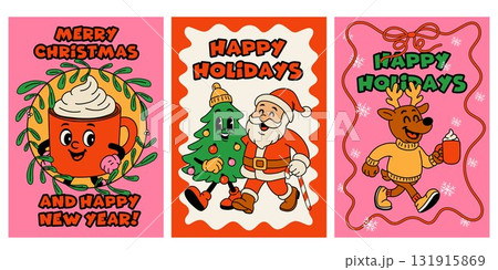 Colorful holiday greeting cards featuring festive designs and cheerful characters celebrating Christmas and New Year 131915869