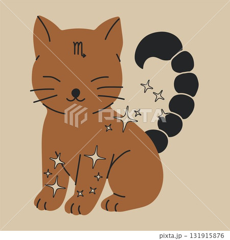 Cute brown cartoon cat with scorpion tail and zodiac signs in a simple artistic design 131915876