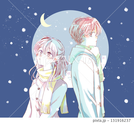 背中合わせの男女　寂しい　冬　月夜　雪 131916237