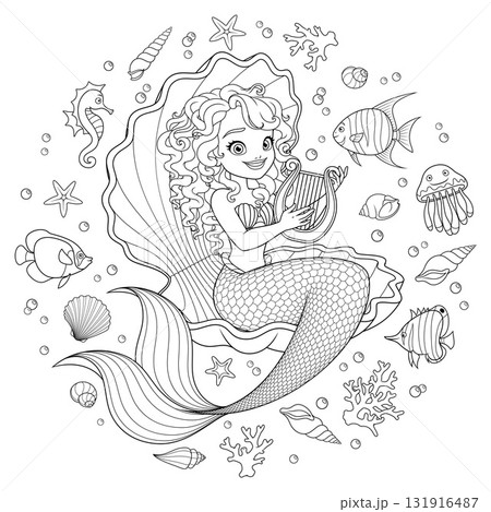 A beautiful mermaid with a harp surrounded with fishes, corals and shells. Vector coloring page. 131916487