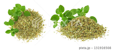 Oregano or marjoram leaves fresh and dry isolated on white background. Top view. Flat lay. 131916508