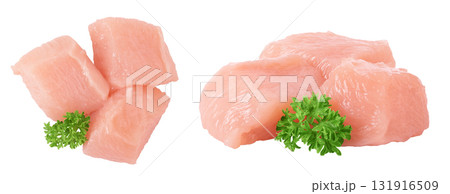 Raw diced chicken fillet isolated on white background. Top view. Flat lay Raw diced chicken fillet isolated on white background. Top view. Flat lay 131916509