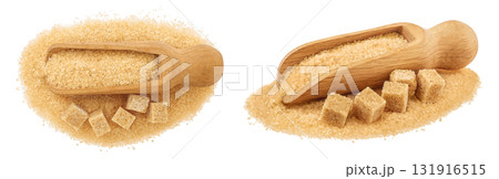Pile of brown granulated sugar and sugar cubes in wooden scoop isolated on white background. Top view, flat lay 131916515
