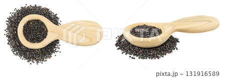 black quinoa in wooden spoon isolated on white background. Top view. Flat lay black quinoa in wooden spoon isolated on white background. Top view. Flat lay 131916589