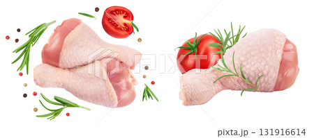 Raw chicken leg or drumstick isolated on white background with copy space for your text. Top view. Flat lay 131916614