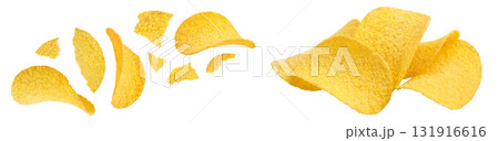 Potato chips isolated on white background with full depth of field. Top view. Flat lay. 131916616