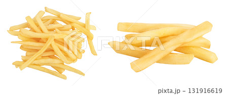 French fries or fried potatoes isolated on white background with full depth of field. Top view. Flat lay 131916619