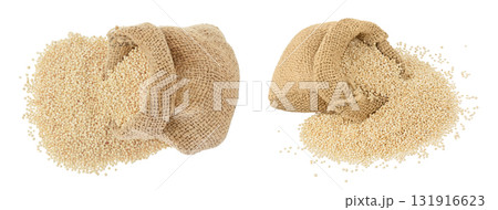 white quinoa seeds in bag isolated on white background with full depth of field. Top view. Flat lay. white quinoa seeds in bag isolated on white background with full depth of field. Top view. Flat lay. 131916623
